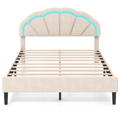 Goflame Full Size LED Bed Frame, Velvet Upholstered Full Platform Bed with Adjustable Cloud Headboard