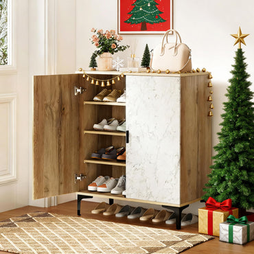 Goflame Shoe Cabinet 4-Tier Wooden Shoe Rack Cabinet(Marble Pattern Door)