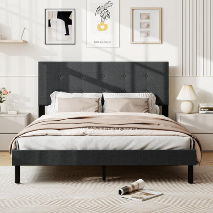 Goflame Queen Bed Frame Linen Upholstered Platform Bed with Button Tufted Headboard