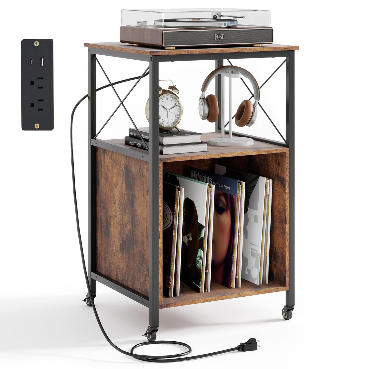 Goflame Record Player Stand with Charging Station Rolling 3-Tier Turntable Stand