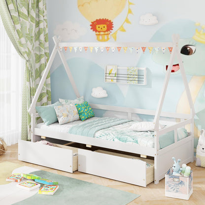 Goflame Twin Bed with 2 Storage Drawers, Wood Montessori House Tent Bed Frame with Safety Guardrail