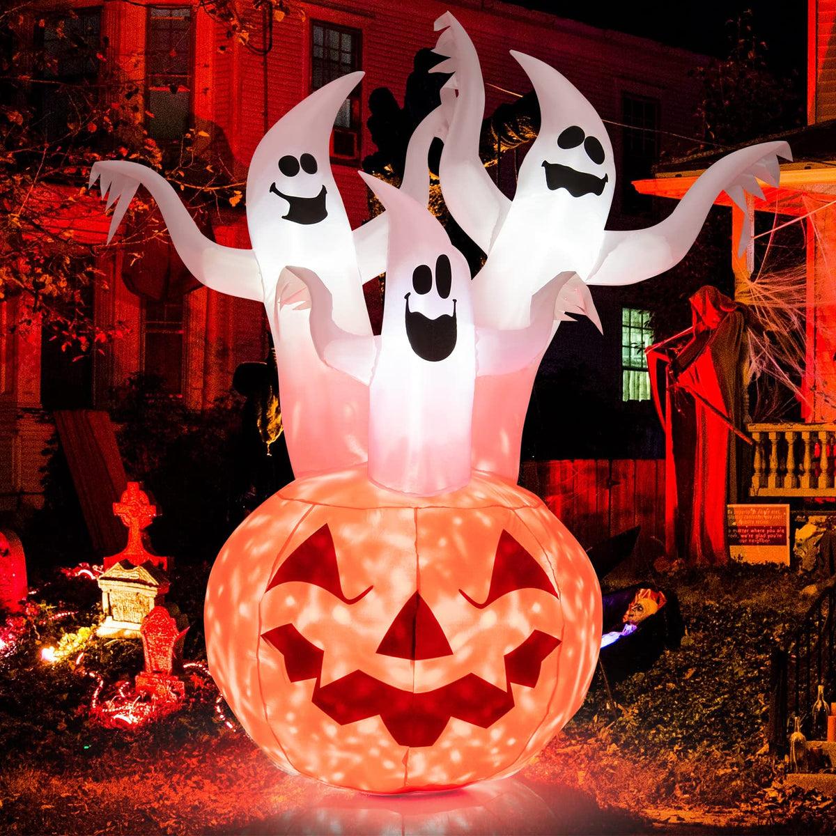 6FT Halloween Inflatable Decorations, 3 White Ghosts on Pumpkin