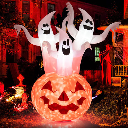 6FT Halloween Inflatable Decorations, 3 White Ghosts on Pumpkin