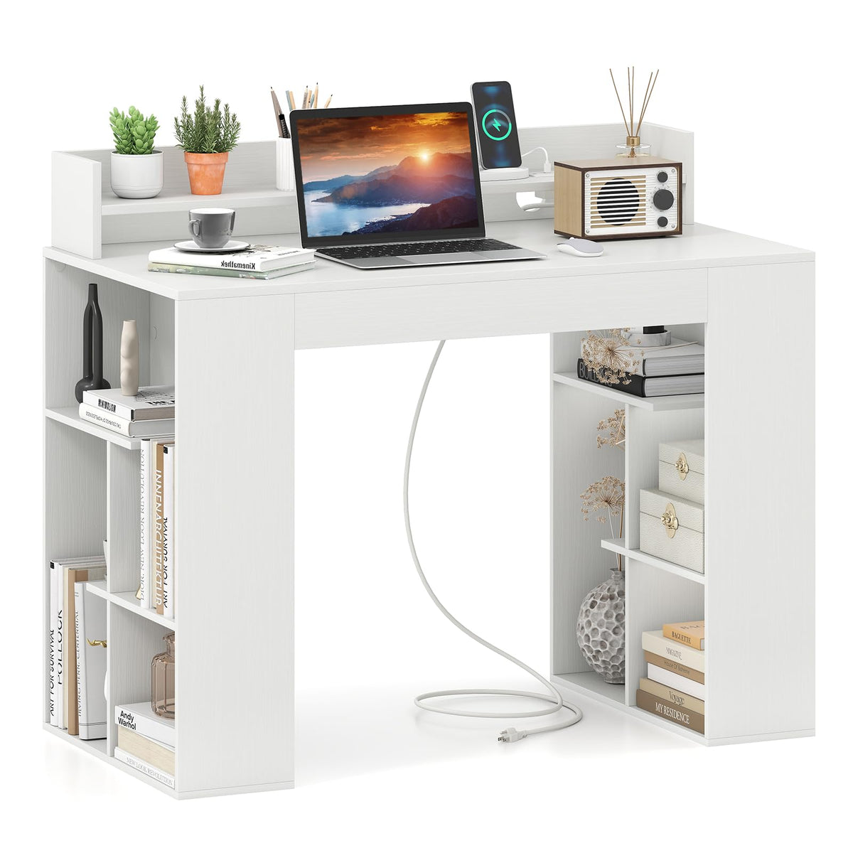 Goflame White Desk with Storage Shelves