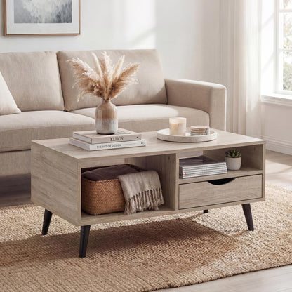 Goflame Wood Coffee Table with Storage Drawer 36.5 Inch Rustic Center Table