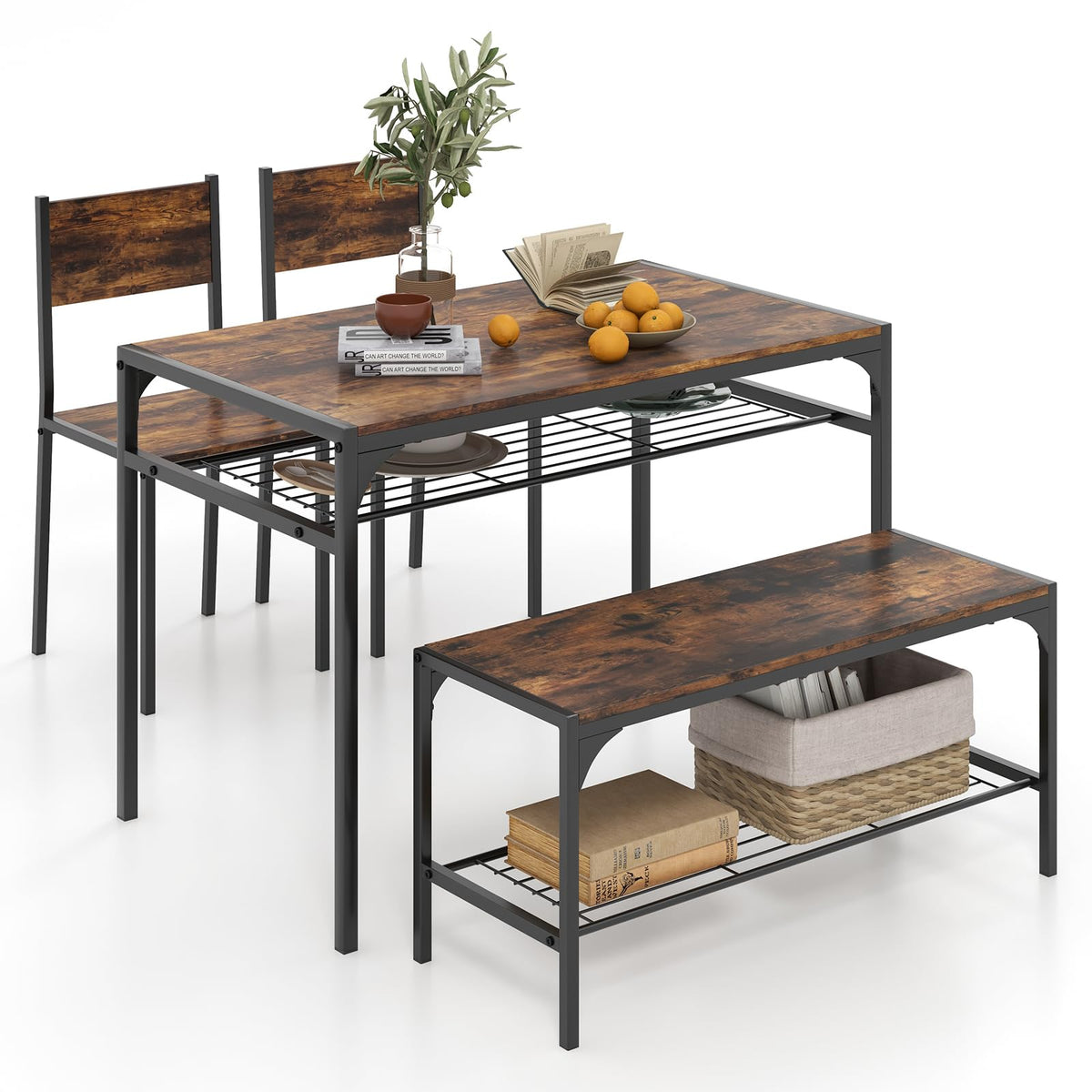 Goflame Dining Table Set for 4, Kitchen Table with Chairs & Bench, Storage Racks