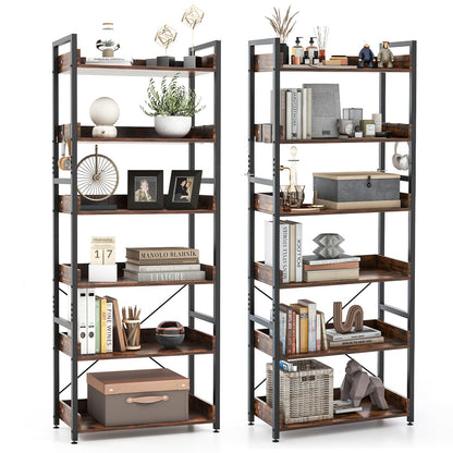 Goflame Industrial 6-Tier Bookshelf, 70" Tall Freestanding Storage Display Shelf with 4 Hooks