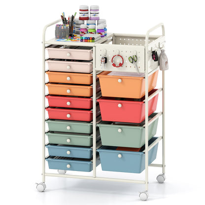 Goflame 14 Drawer Storage Cart | Rolling Craft Cart with Metal Tabletop & Pegboard