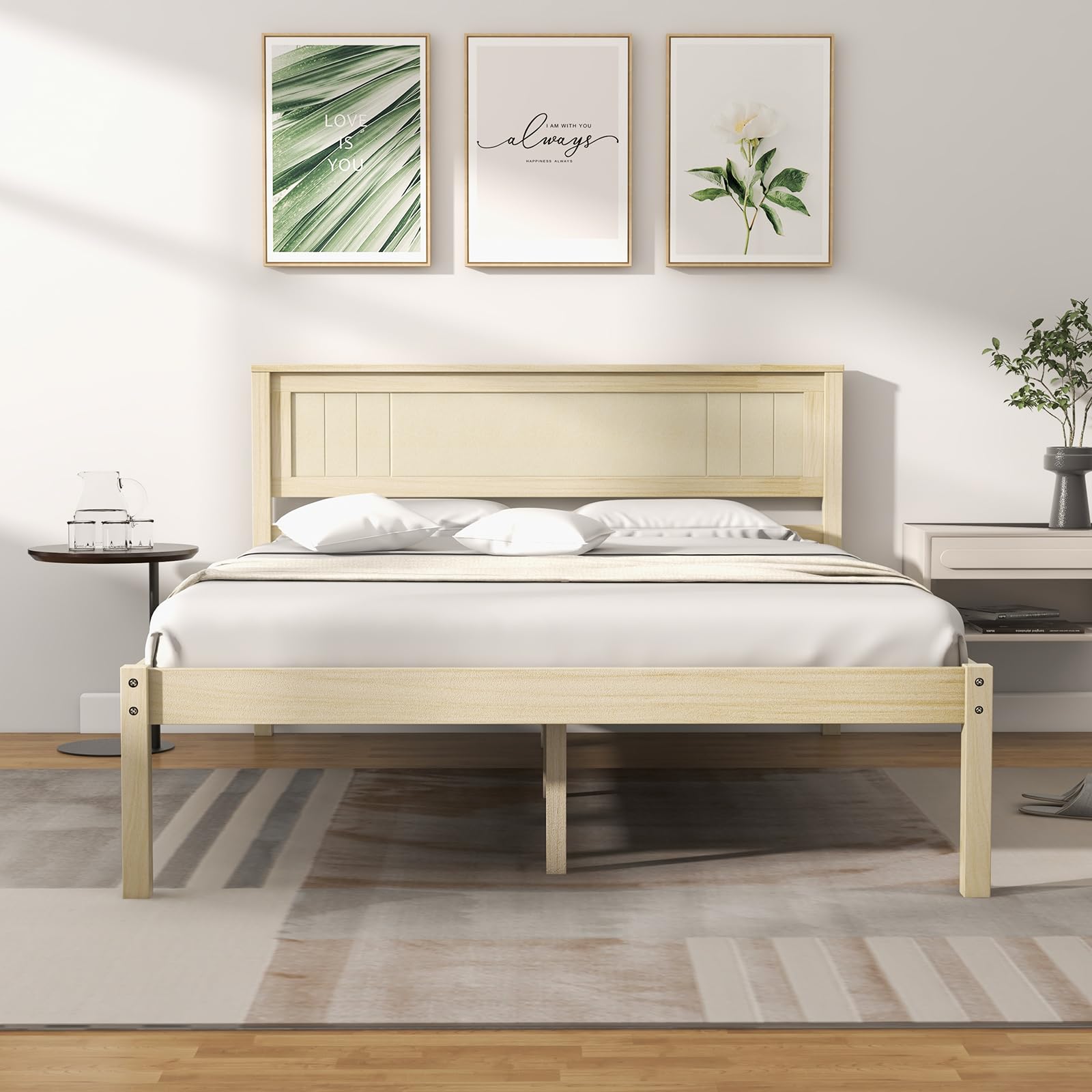 Goflame Wood Full Platform Bed with Headboard