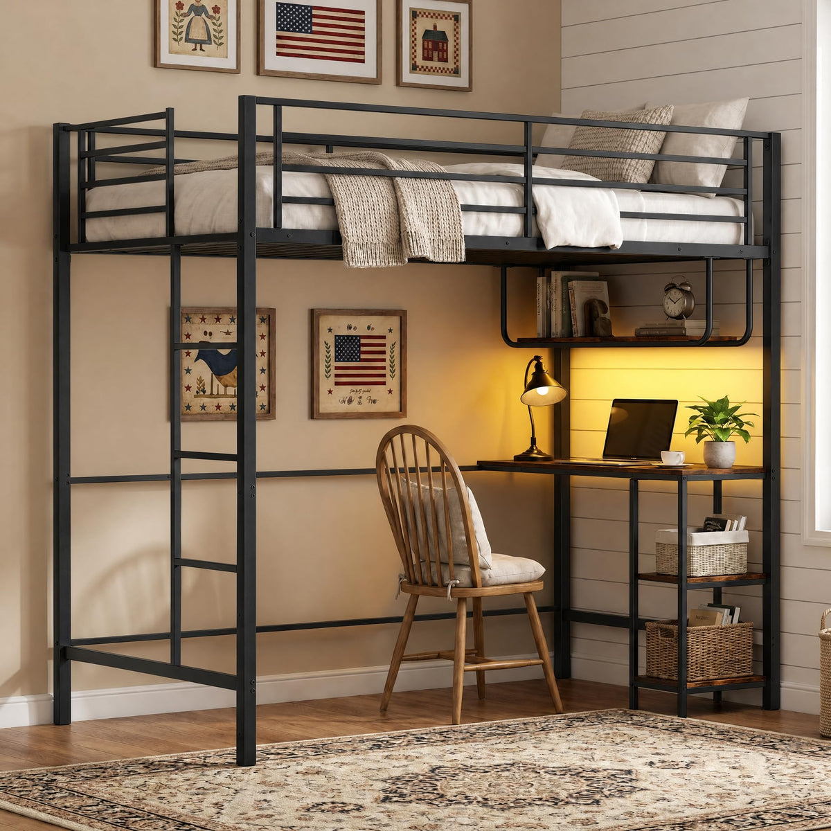 Goflame Twin Loft Bed with Desk LED Lights & Charging Station