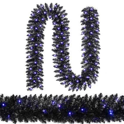GOFLAME 9FT Pre-lit Black Halloween Garland with 50 Purple LED Lights