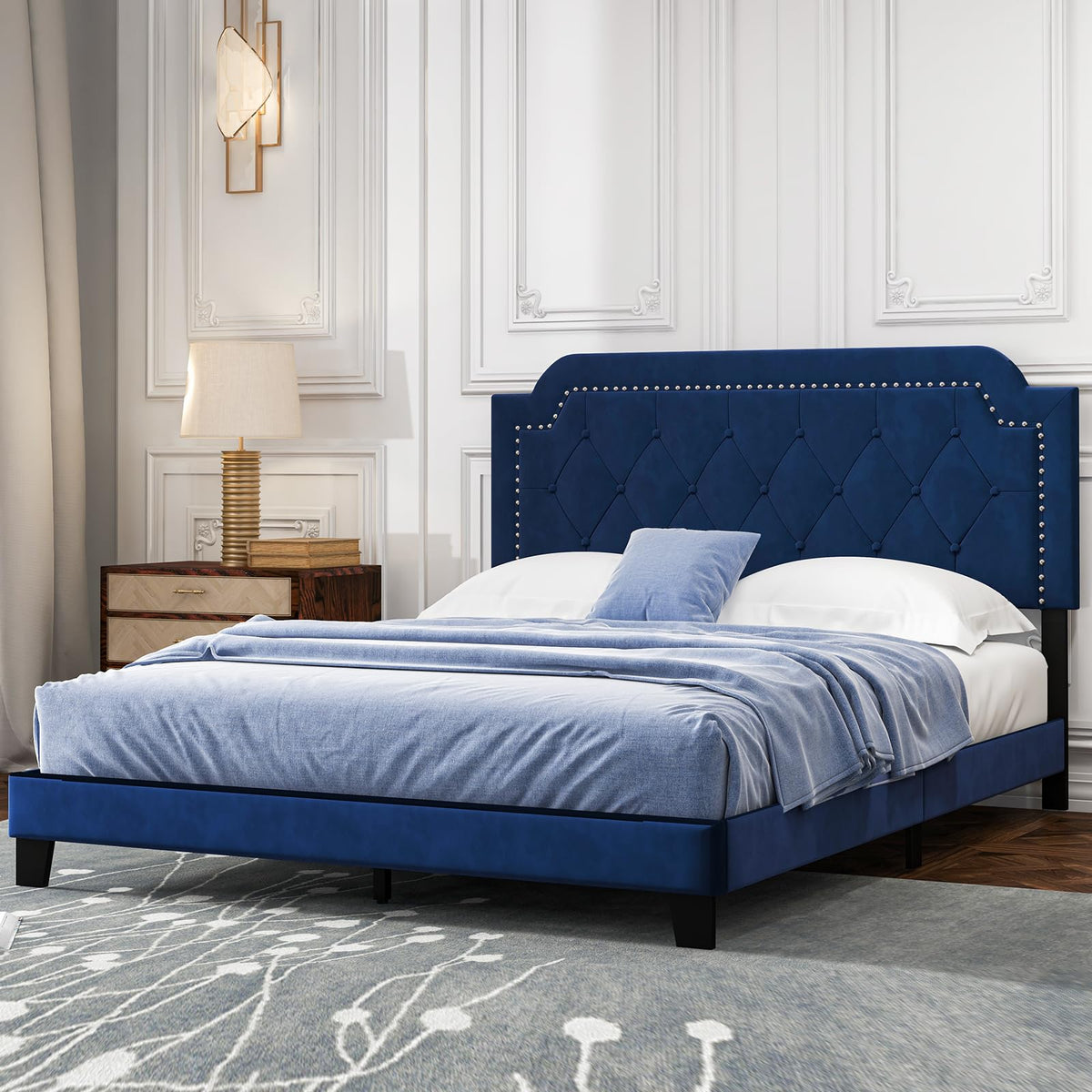 Goflame Velvet Queen Size Bed Frame, Upholstered Platform Bed with Button Tufted & Nailhead Trim Headboard