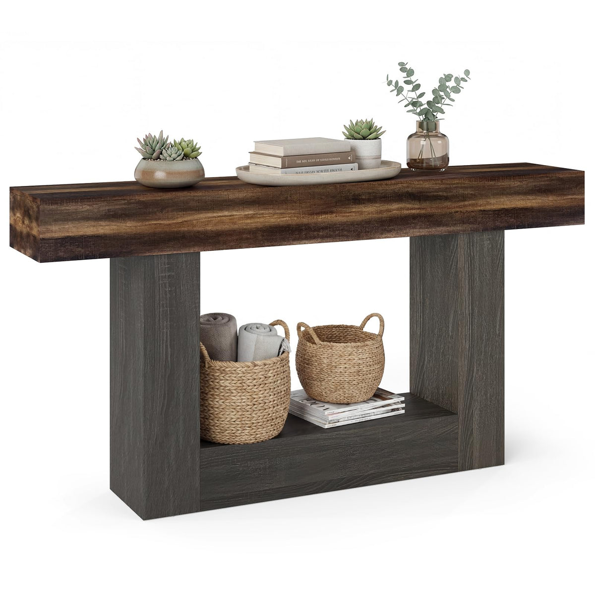 Goflame 63" Farmhouse Console Table | 2-Tier Narrow Entryway Table with Storage Shelf