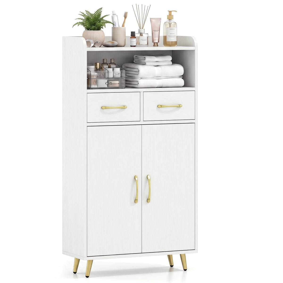 Goflame Freestanding Bathroom Storage Cabinet with 2 Drawers and 2 Doors