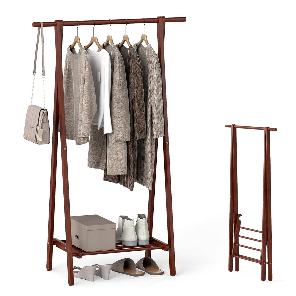 Goflame Folding Rubber Wood Clothes Hanging Rack Standing Garment Rack with Bottom Storage Shelf