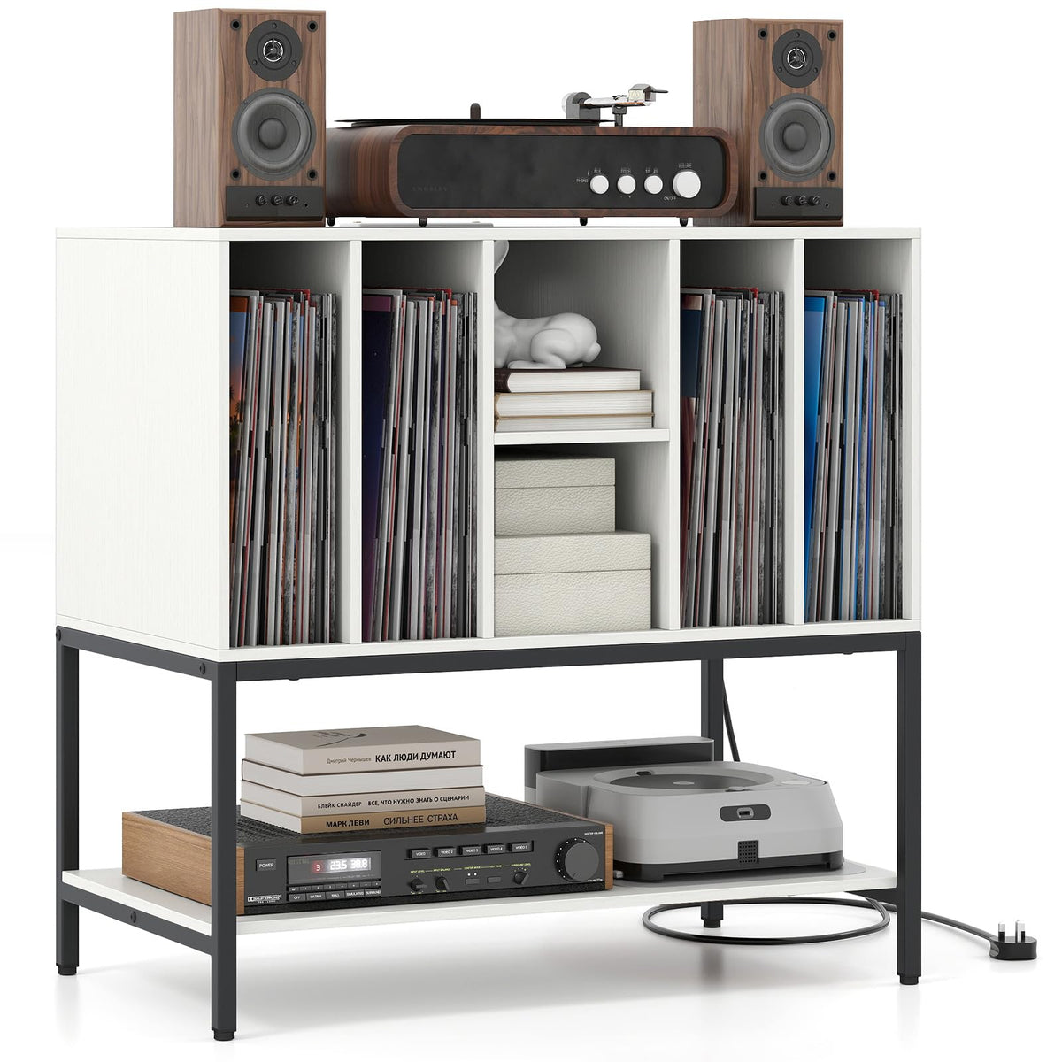 Goflame Record Player Stand with Charging Station Vinyl Record Storage for Music Living Room