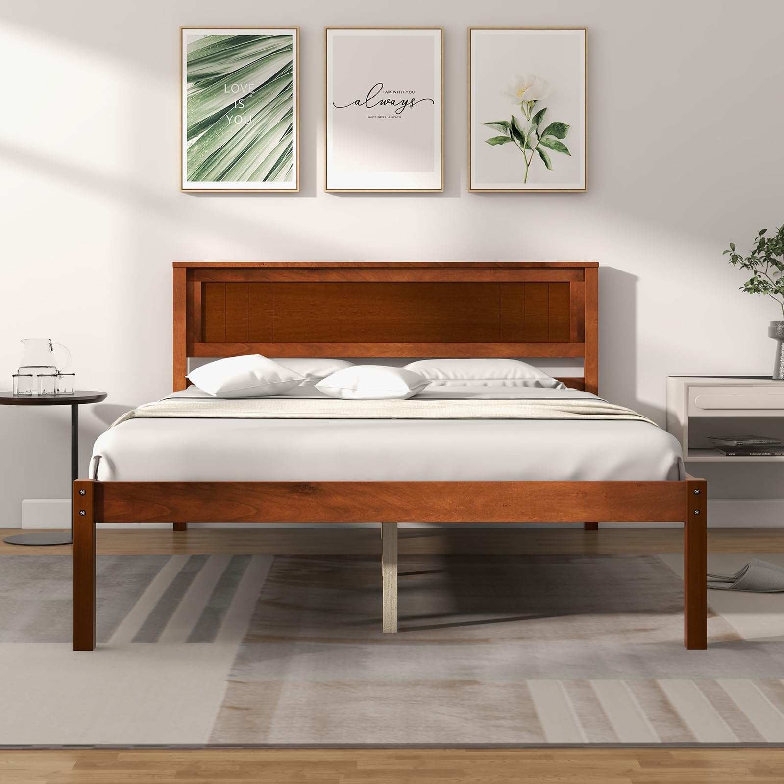 Goflame Wood Full Platform Bed with Headboard