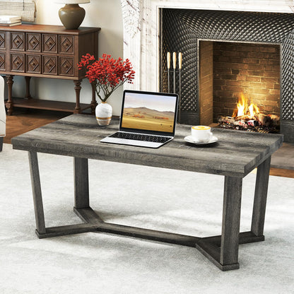 Goflame Farmhouse Wood Coffee Table with Cross-Shaped Base & Rubber Wood Frame