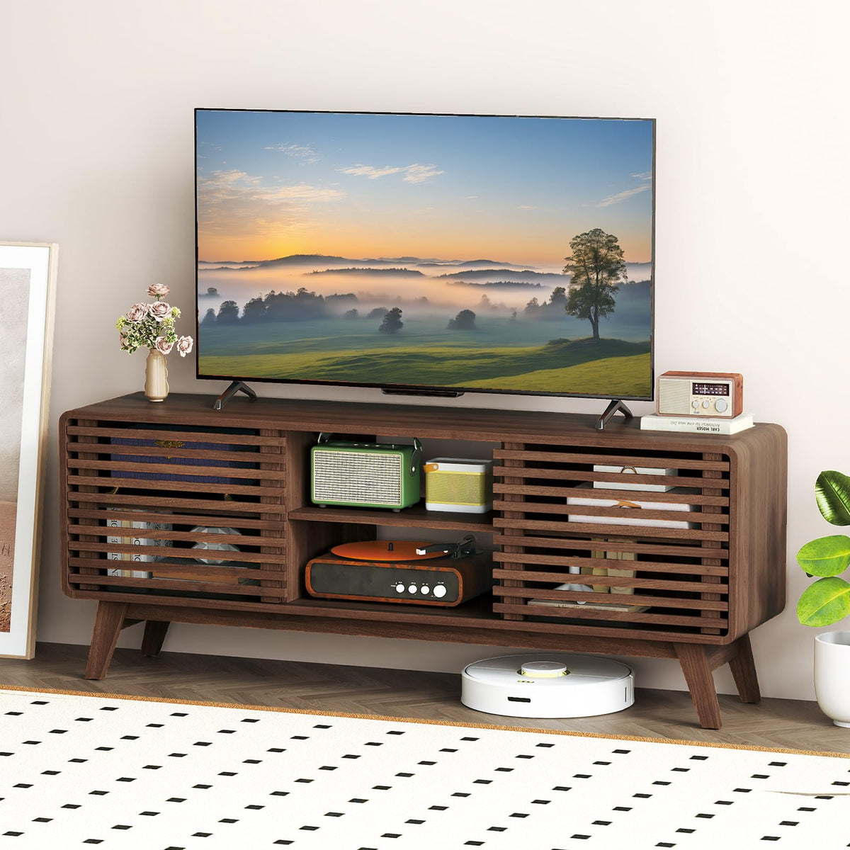 Goflame TV Stand for 60/65 Inch TV | Mid-Century Modern Entertainment Center with Storage Cabinet