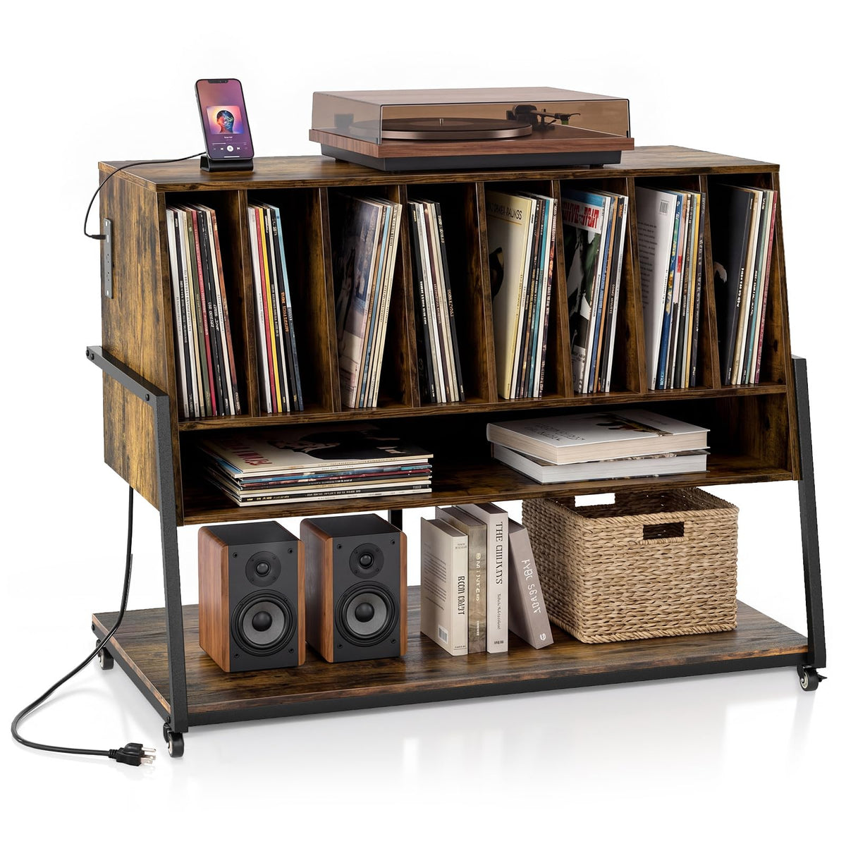 Goflame large Record Player Stand with Charging Station