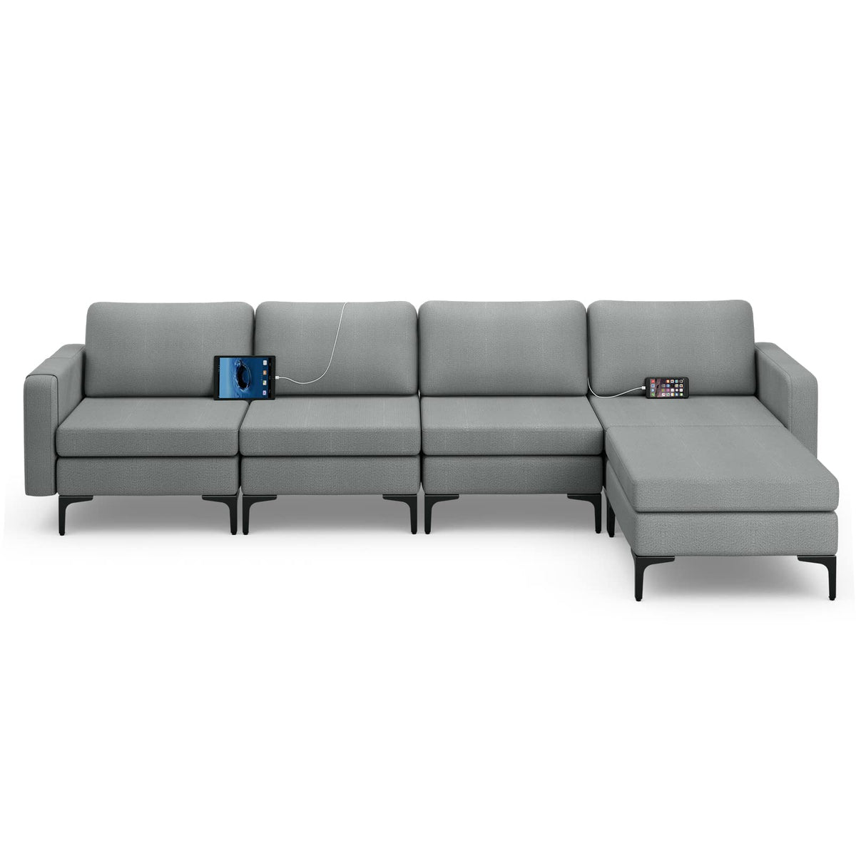 Goflame 4 Seat Convertible Sofa Couch, 123" L Sectional Sleeper with 2 or 1 USB Ports Socket