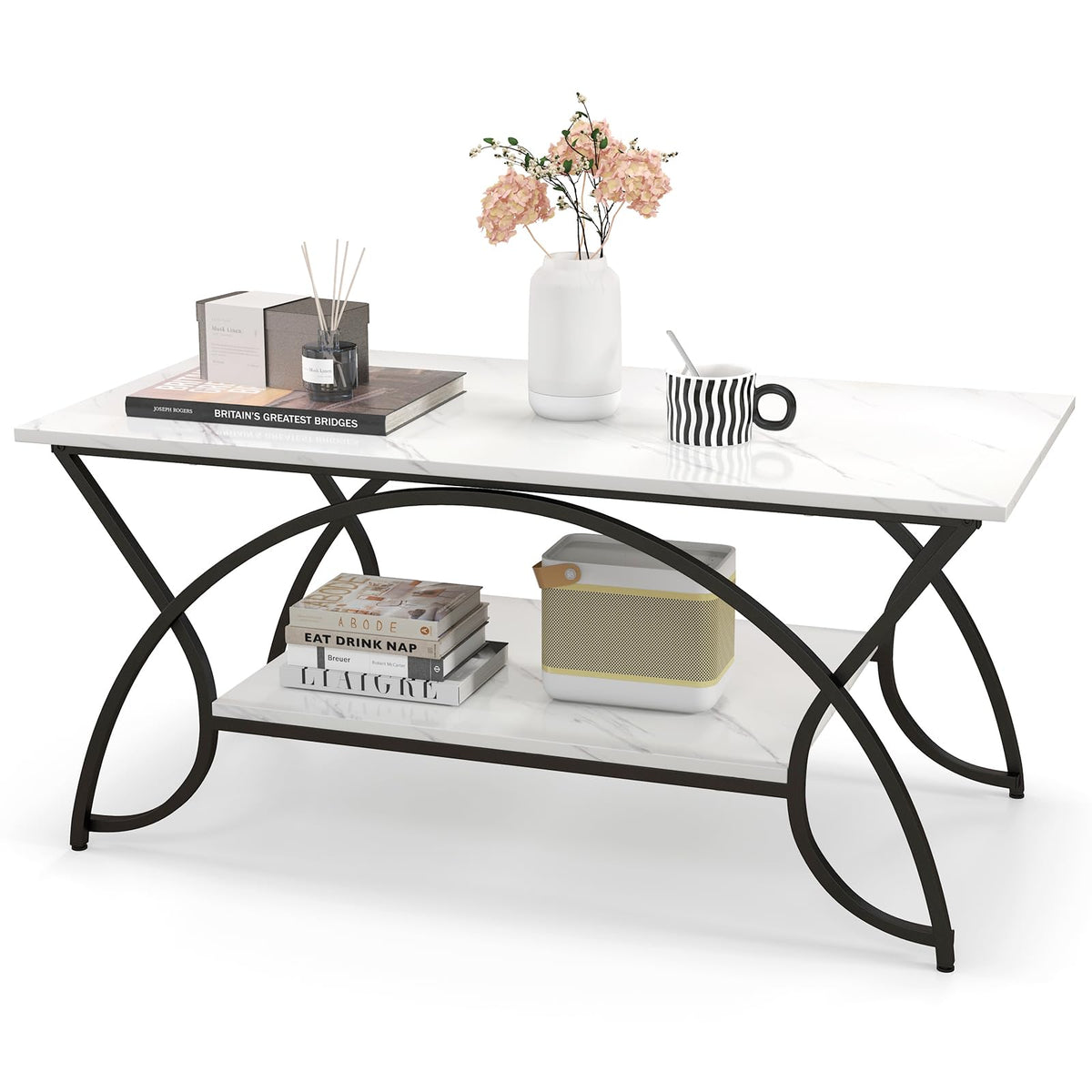 Industrial Coffee Table, 2-Tier Rectangular Center Table with Storage Shelf