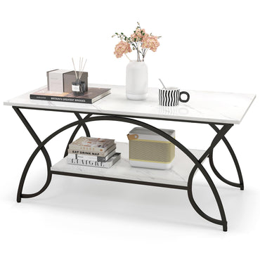 Industrial Coffee Table, 2-Tier Rectangular Center Table with Storage Shelf