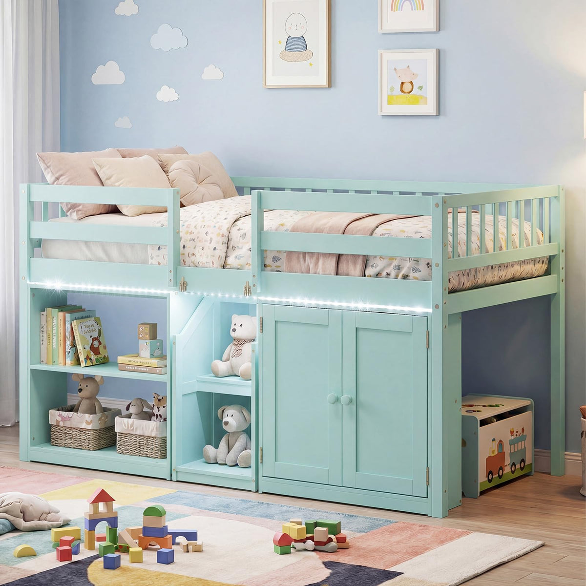 Goflame Low Loft Bed Twin Size with LED Lights, Wooden Bed Frame