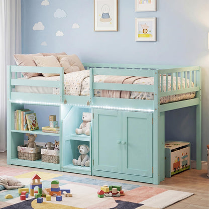 Goflame Low Loft Bed Twin Size with LED Lights, Wooden Bed Frame