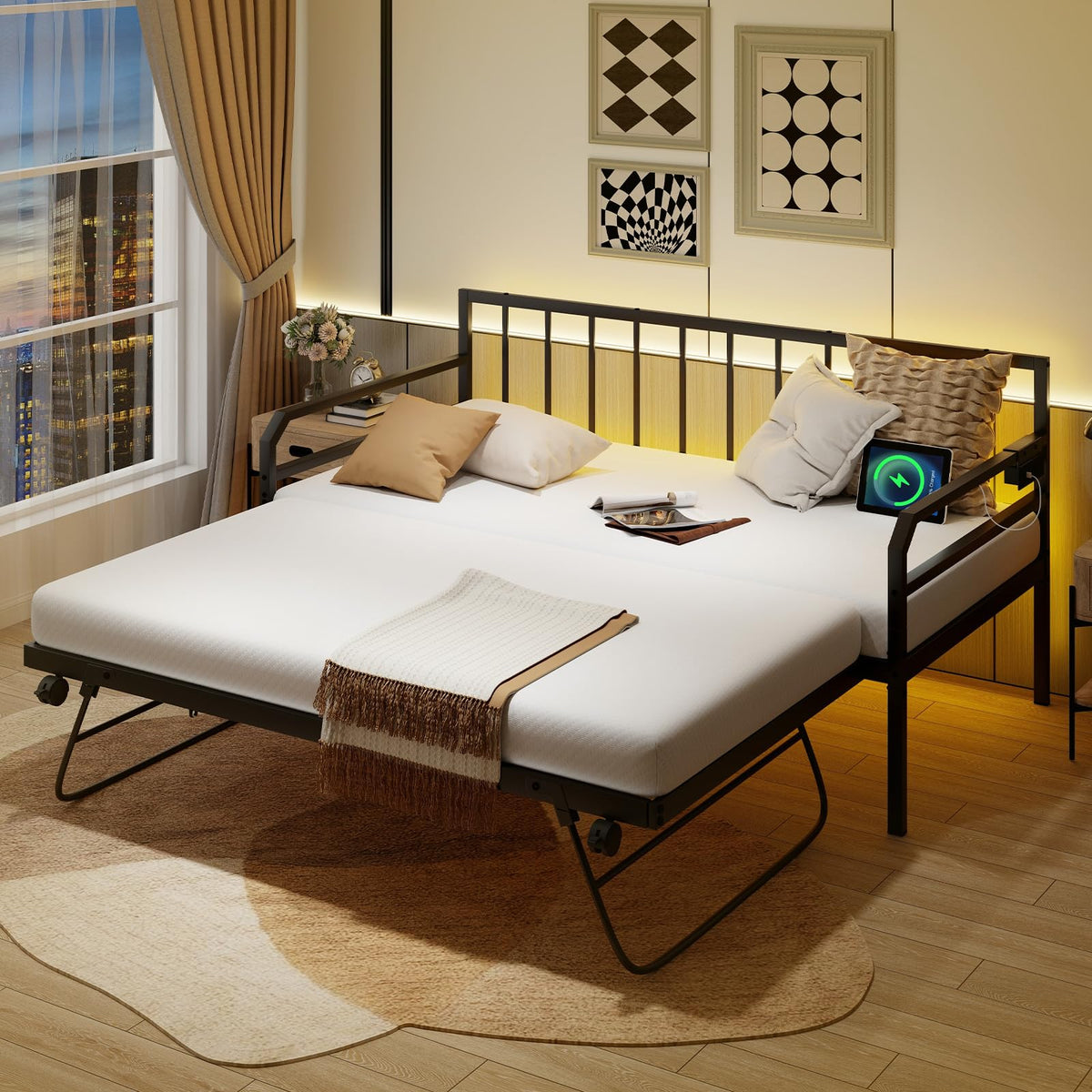 Goflame Twin Daybed with Trundle, Twin Bed Frame with Charging Station & LED Lights, Metal Trundle Bed Twin w/Steel Slats Support