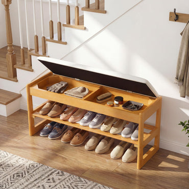 Goflame Rubberwood Shoe Rack Bench with Linen Seat Cushion