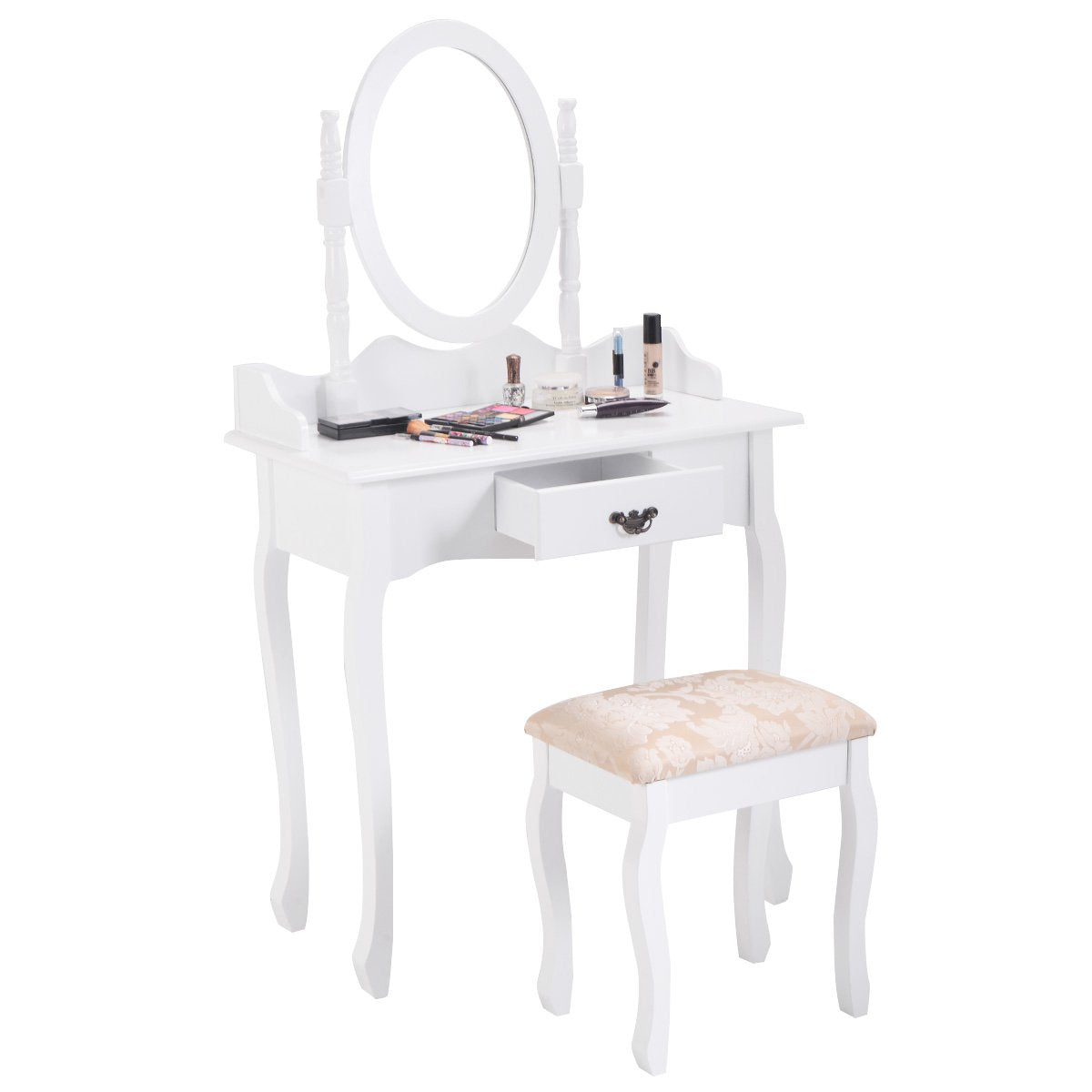 Vanity Table Set with Oval Mirror and Soft Cushioned Stool, Sturdy Wood Dressing Table with Drawers Storage Shelf