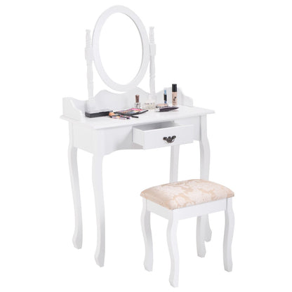 Vanity Table Set with Oval Mirror and Soft Cushioned Stool, Sturdy Wood Dressing Table with Drawers Storage Shelf