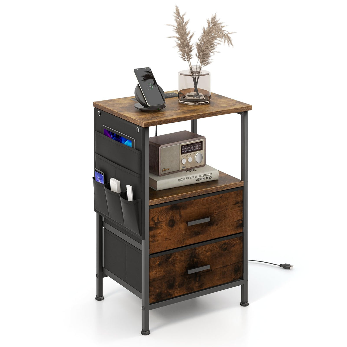 Goflame Nightstand with Charging Station, Industrial Bedside Table with 2 Fabric Drawers & 6 Storage Pockets