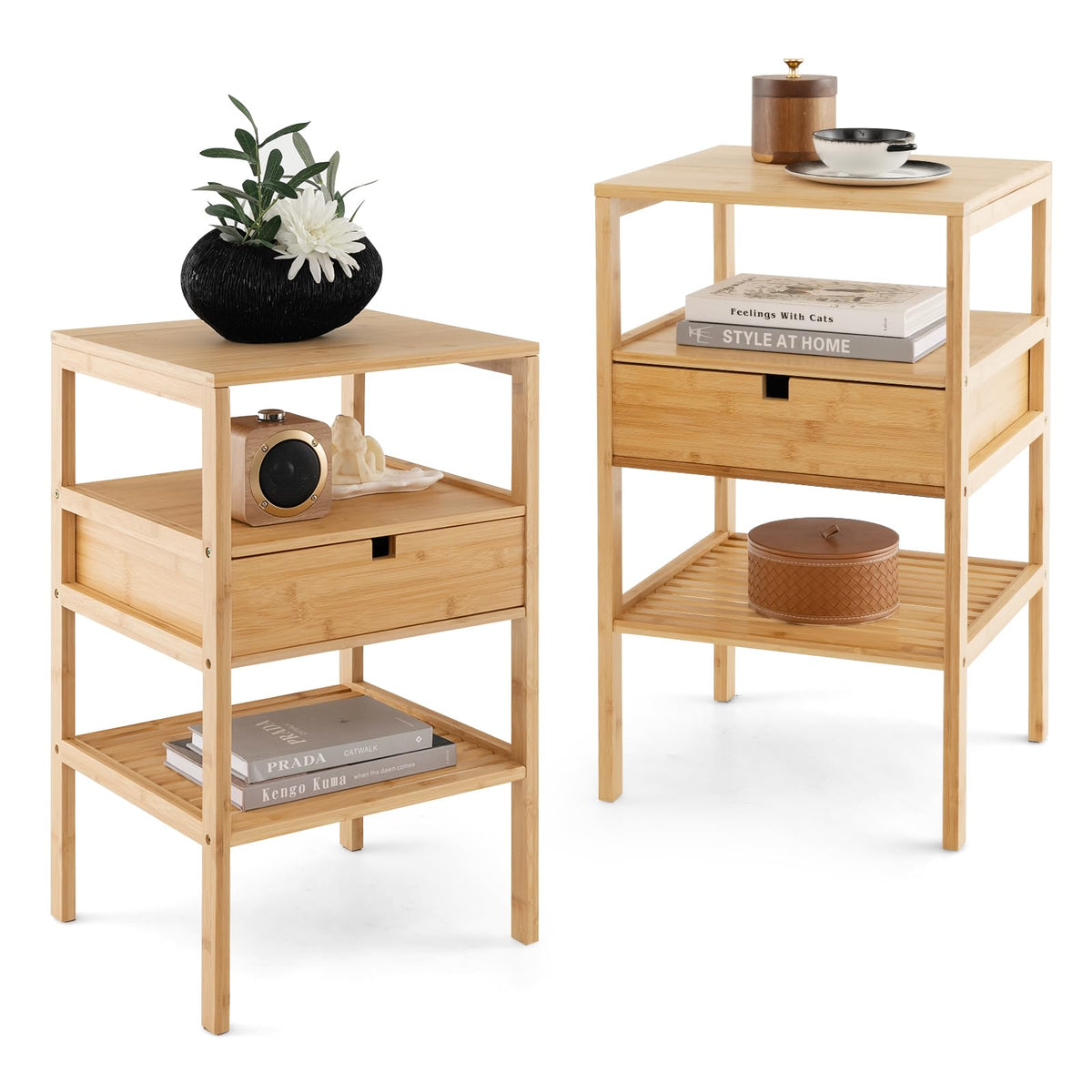 Goflame Nightstand Set of 1/2, Bamboo End Table with Drawer and 2 Open Shelves
