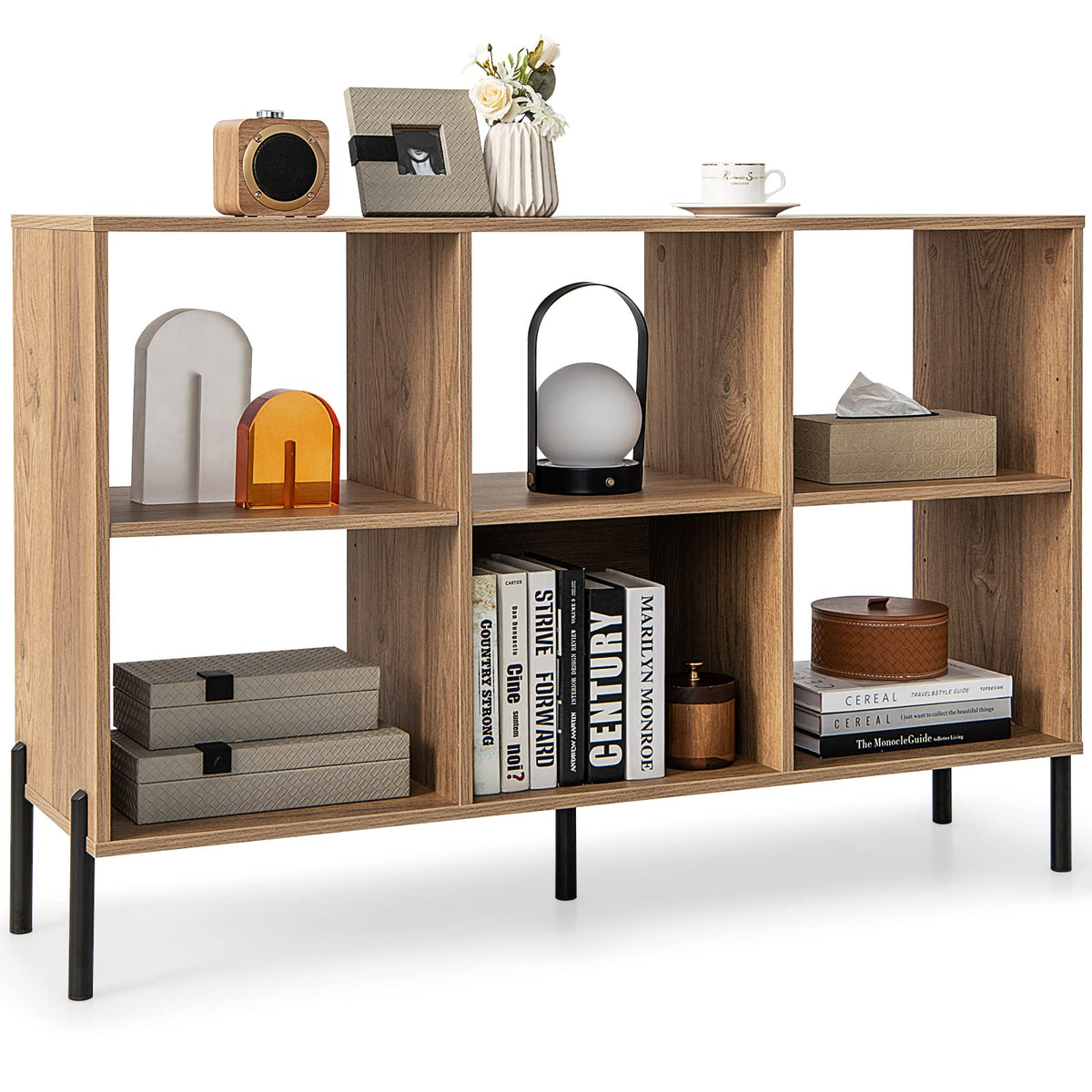 Goflame 6 Cube Bookcase, 3-Tier 47" Long Wood Bookshelf w/ 5 Metal Legs, Adjustable Shelf, Anti-toppling Device