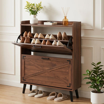 Goflame Freestanding Slim Farmhouse Shoe Storage Cabinet with 2 Flip Drawers