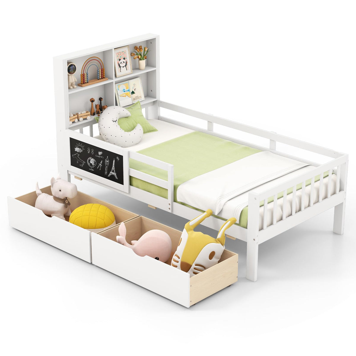 Goflame Full/Twin Size 2 Storage Drawers, Solid Wood Kids Bed Frame w/Bookcase Headboard & Blackboard