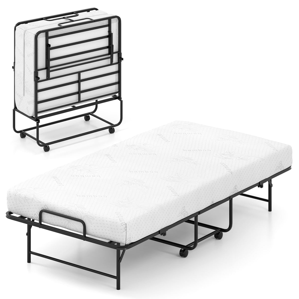 Goflame Twin Folding Bed Frame with 5 Inch Mattress, Portable Rollaway Guest Bed, 75" x 38"