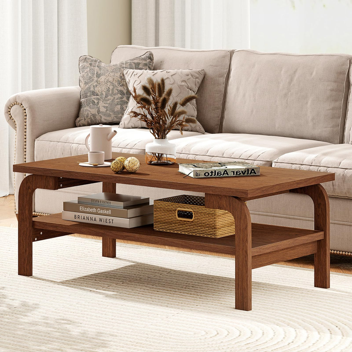 Goflame 2-Tier Coffee Table with Storage, 47” Mid Century Rectangle Accent Table with Open Shelf