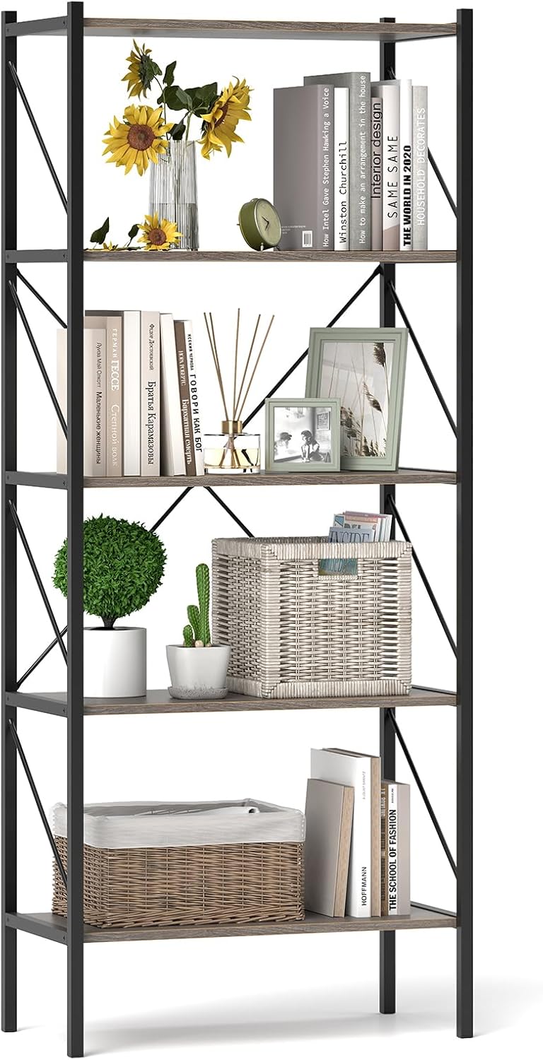 Goflame 5-Tier Bookshelf, Industrial Tall Bookcase with Open Storage Shelves & Heavy Duty Metal Frame