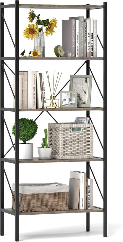 Goflame 5-Tier Bookshelf, Industrial Tall Bookcase with Open Storage Shelves & Heavy Duty Metal Frame