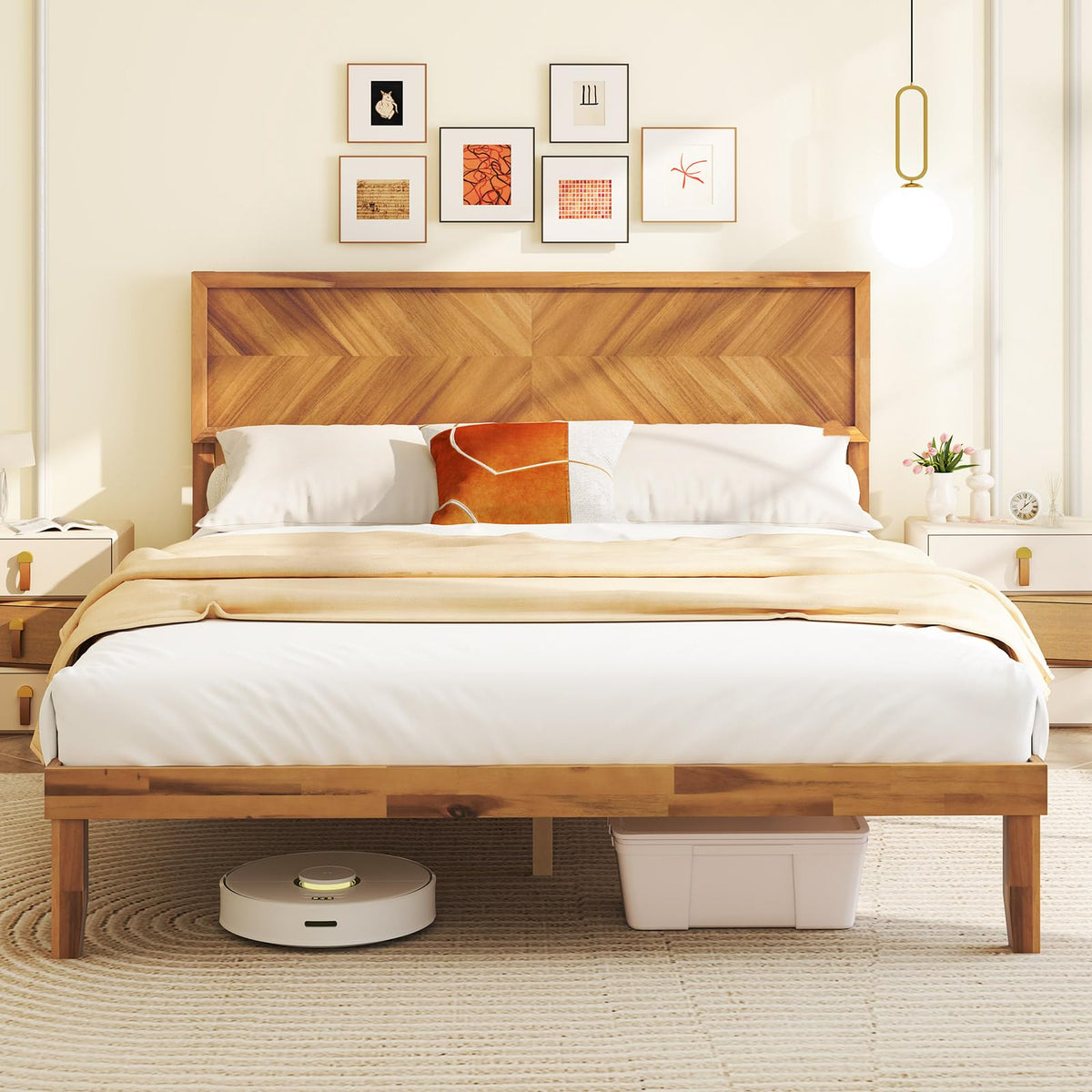 Goflame Wood Twin Bed/Full Size Bed/Queen Bed Frames with Headboard, Solid Acacia Wood Platform Bed with 12 Strong Wooden Slat Support