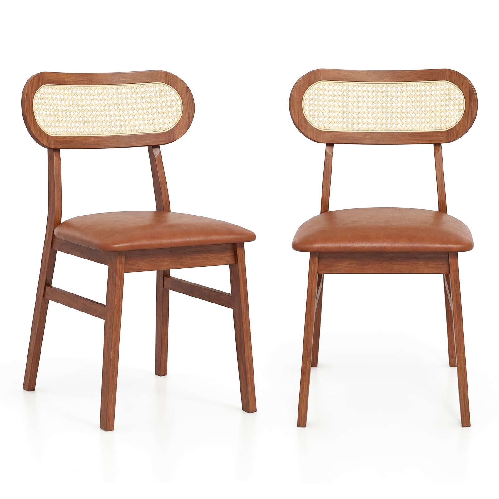 Goflame Two mid-century modern wooden dining chairs with brown leather seats and woven cane backrests, shown on a white background.