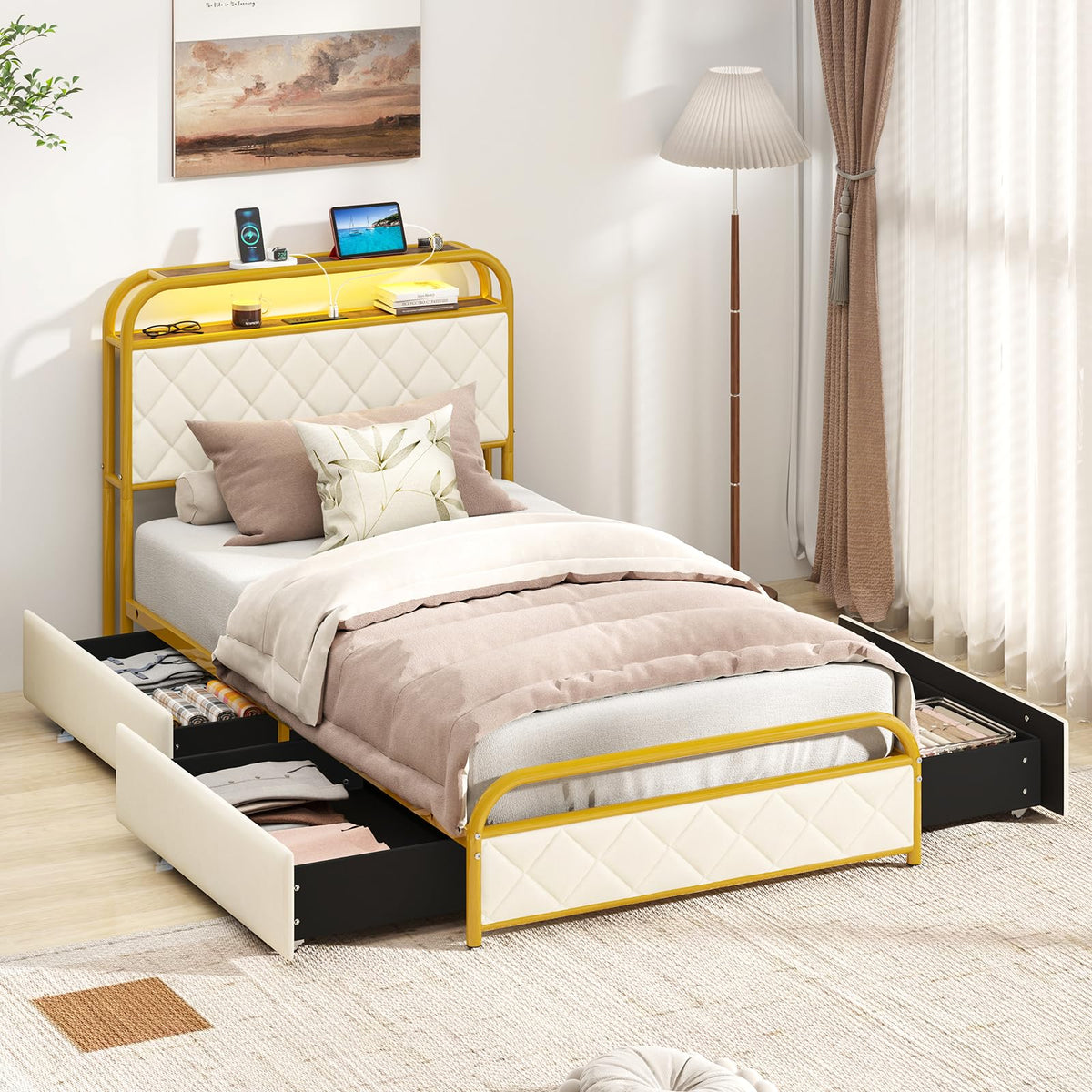 Goflame Queen/Full/Twin Size Bed Frame with 4 Storage Drawers and Charging Station