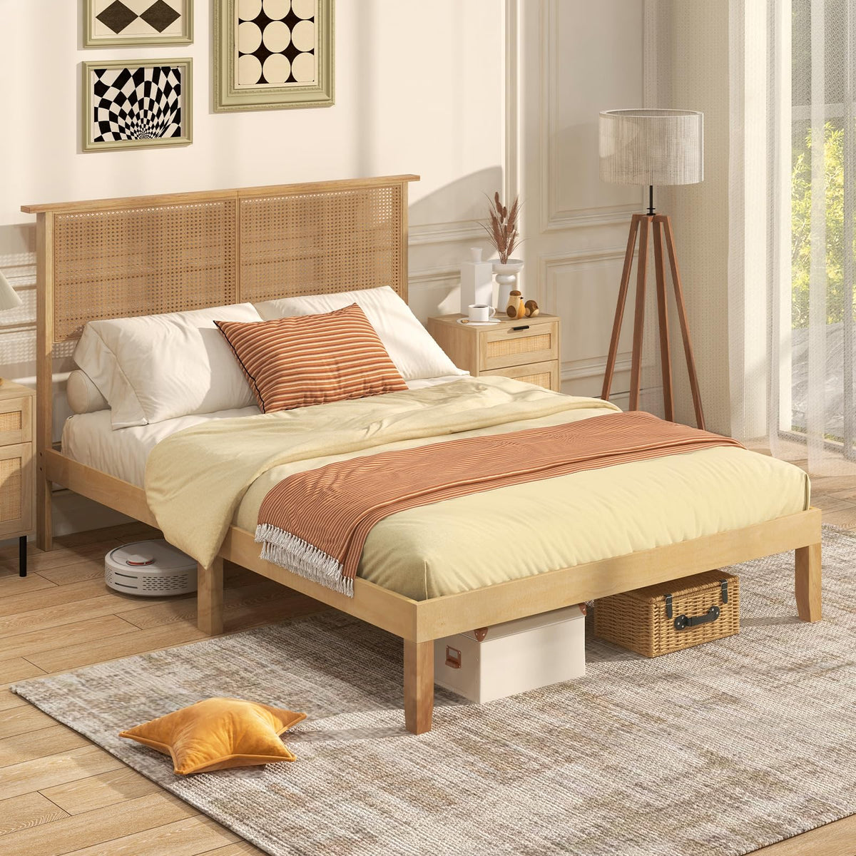 Goflame Queen/Full/Twin Size Bed Frames with Rattan Headboard, Boho Solid Wood Platform Bed with Wooden Slats
