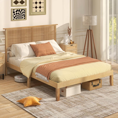 Goflame Queen/Full/Twin Size Bed Frames with Rattan Headboard, Boho Solid Wood Platform Bed with Wooden Slats