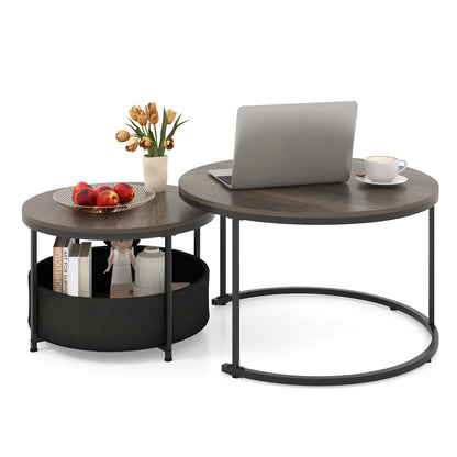 Goflame 31.5" Round Coffee Table with Removable Fabric Basket & Metal Frame
