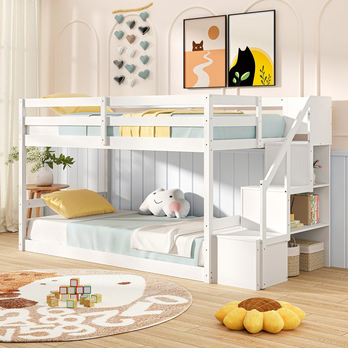 Goflame Bunk Bed with Stairs, Solid Wood Floor Bunk Bed with Storage Staircase & Full-Length Guardrails