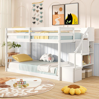 Goflame Bunk Bed with Stairs, Solid Wood Floor Bunk Bed with Storage Staircase & Full-Length Guardrails